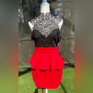 Red and Black Lace Front Dress with Peplum. Size L.